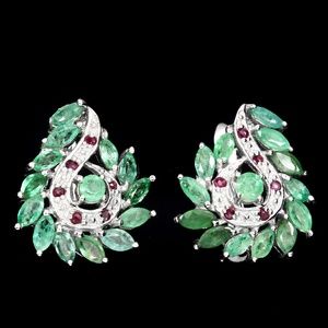 Rich Green Emerald and  Ruby 925 Silver Earrings real earth mined gems